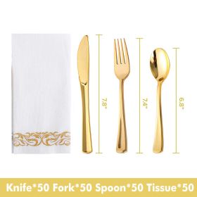 50pcs Gold/Silver Disposable Forks Plastic Tableware Dessert Knives Forks Spoon Cutlery Set Wedding Birthday Party Decor Supply (Color: Gold set)