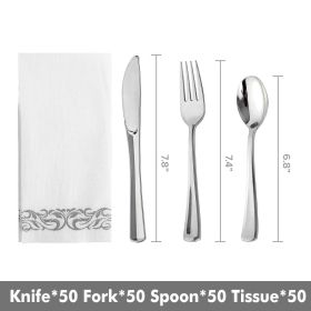 50pcs Gold/Silver Disposable Forks Plastic Tableware Dessert Knives Forks Spoon Cutlery Set Wedding Birthday Party Decor Supply (Color: Silver set)