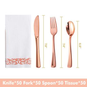 50pcs Gold/Silver Disposable Forks Plastic Tableware Dessert Knives Forks Spoon Cutlery Set Wedding Birthday Party Decor Supply (Color: Rose gold set)